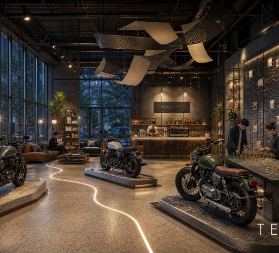 Motosiklet showroomu iç mimari tasarımı – MOLA PAYI ana showroom görünümü