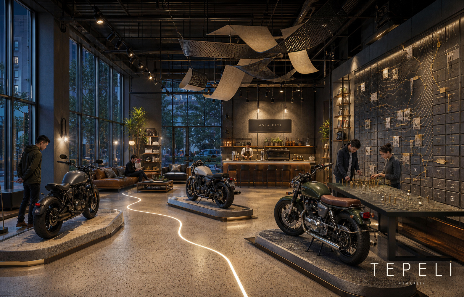 Motosiklet showroomu iç mimari tasarımı – MOLA PAYI ana showroom görünümü