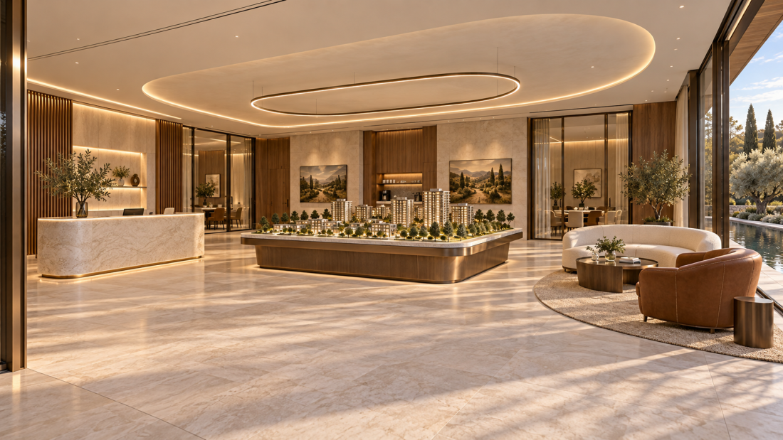 800 m² satış ofisi konseptinin maket, karşılama ve lounge alanlarını gösteren görselleştirme